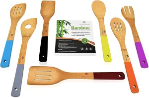 ROYALHOUSE Wooden Kitchen Utensils Set - 7 Piece Bamboo Cooking Tools and Holder - Cooking Spoons and Spatulas, Kitchen Tools - Wood Tool Utensil Sets for Nonstick Pan and Cookware