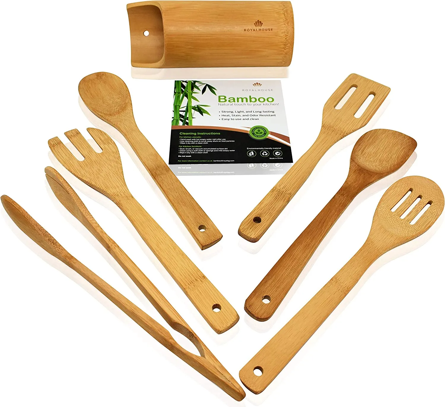 ROYALHOUSE Wooden Kitchen Utensils Set - 7 Piece Bamboo Cooking Tools and Holder - Cooking Spoons and Spatulas, Kitchen Tools - Wood Tool Utensil Sets for Nonstick Pan and Cookware