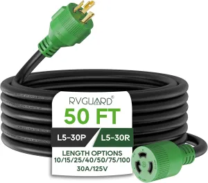 RVGUARD 3 Prong 30 Amp 50 Foot Generator Extension Cord, NEMA L5-30P/L5-30R 125V 10 Gauge SJTW Generator Power Cord with Cord Organizer, ETL Listed