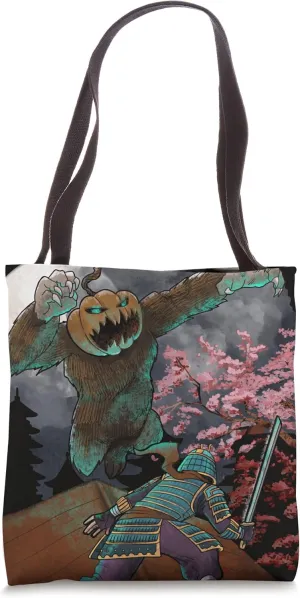 Samurai fight halloween monster on roof top Japan Moonlight Tote Bag