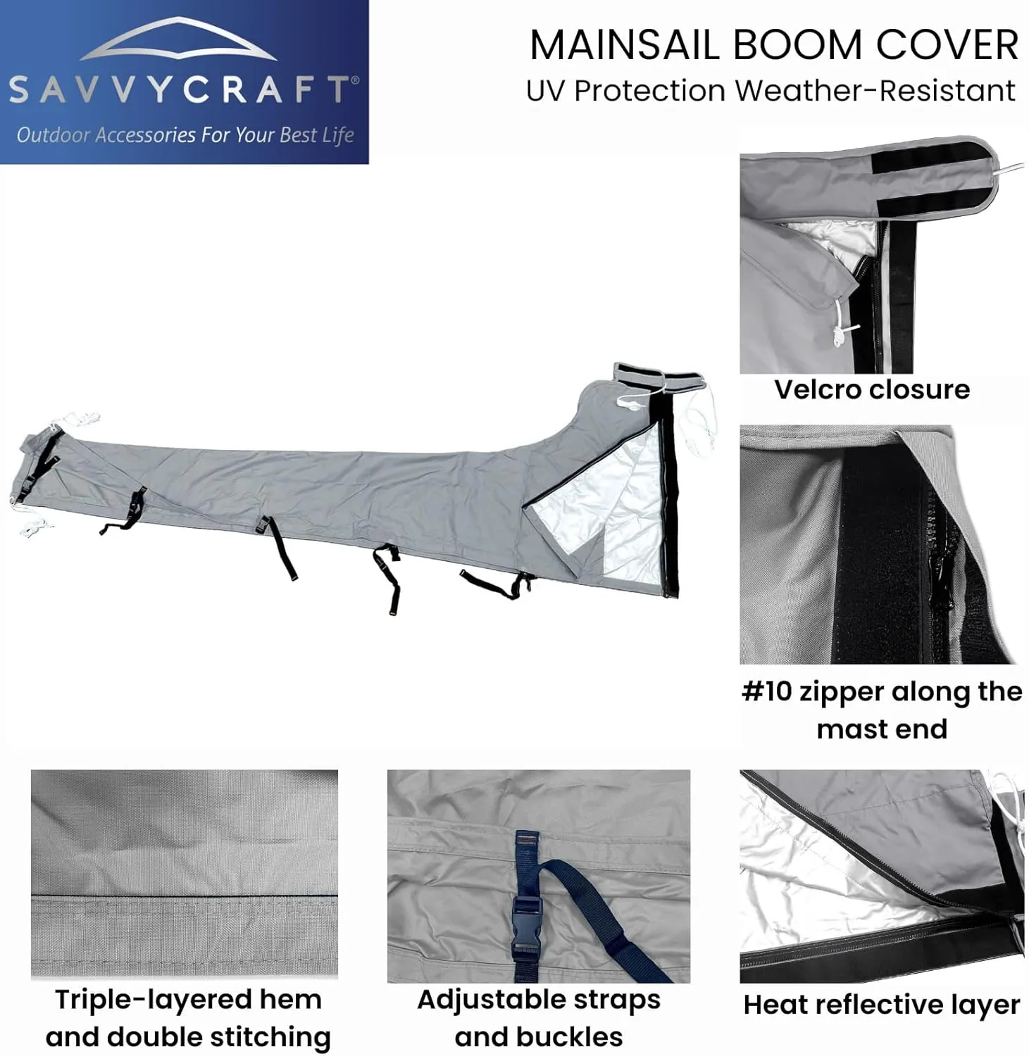 SavvyCraft Waterproof Mainsail Boom Cover, Heavy Duty 600D Sailboat Mainsail Cover UV Protection Weather-Resistant, Boom Length 11'-12' Gray