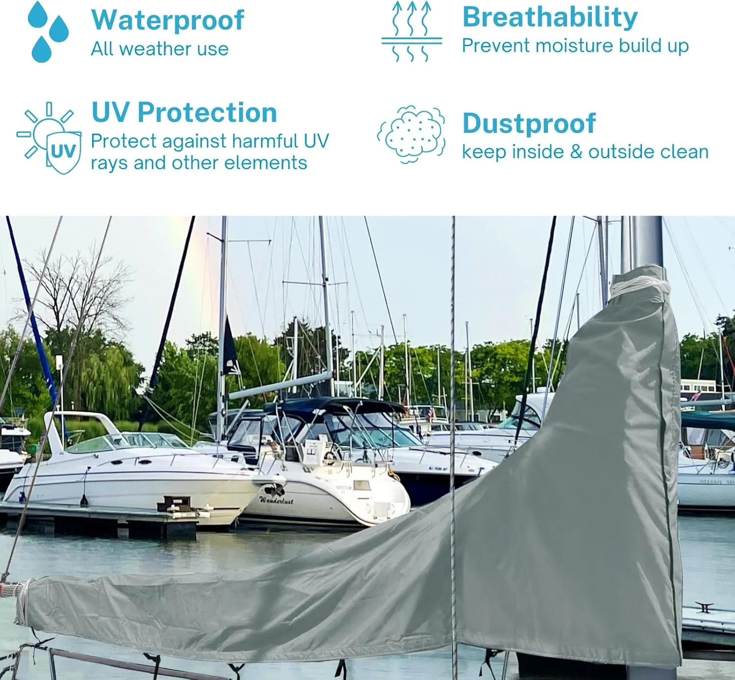 SavvyCraft Waterproof Mainsail Boom Cover, Heavy Duty 600D Sailboat Mainsail Cover UV Protection Weather-Resistant, Boom Length 11'-12' Gray