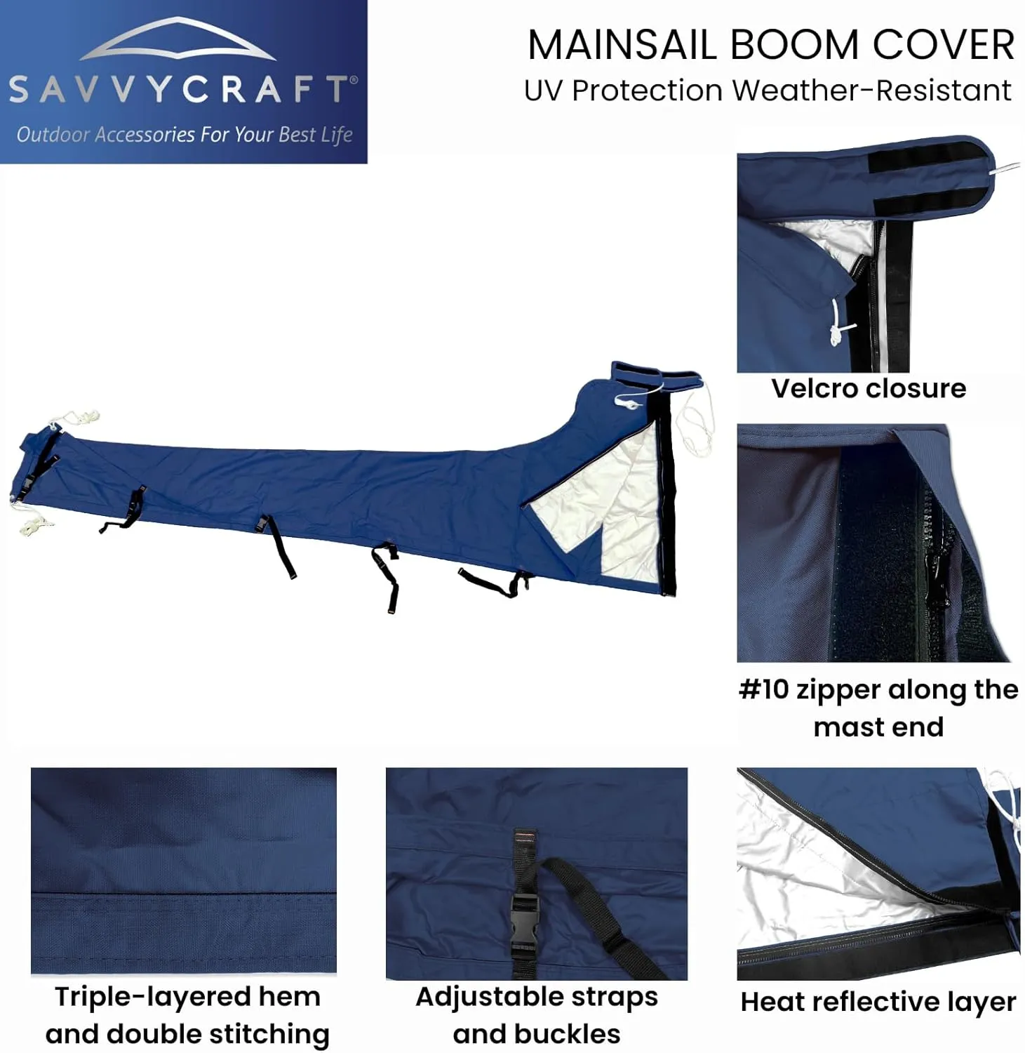 SavvyCraft Waterproof Mainsail Boom Cover, Heavy Duty 600D Sailboat Mainsail Cover UV Protection Weather-Resistant, Boom Length 9'-10' Navy