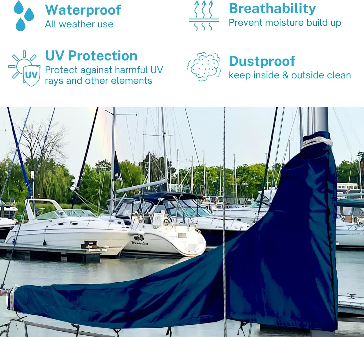 SavvyCraft Waterproof Mainsail Boom Cover, Heavy Duty 600D Sailboat Mainsail Cover UV Protection Weather-Resistant, Boom Length 9'-10' Navy
