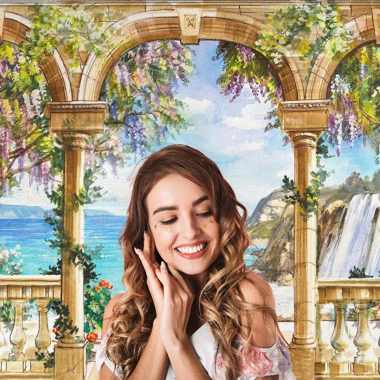 Sea Coast Backdrop Beautiful Balcony View Waterfall Photography Background Floral Mountain Village Seaside Scenery Backdrop Balcony View Blue Sky Tranquil Sea Birthday Background Decors 7x5ft