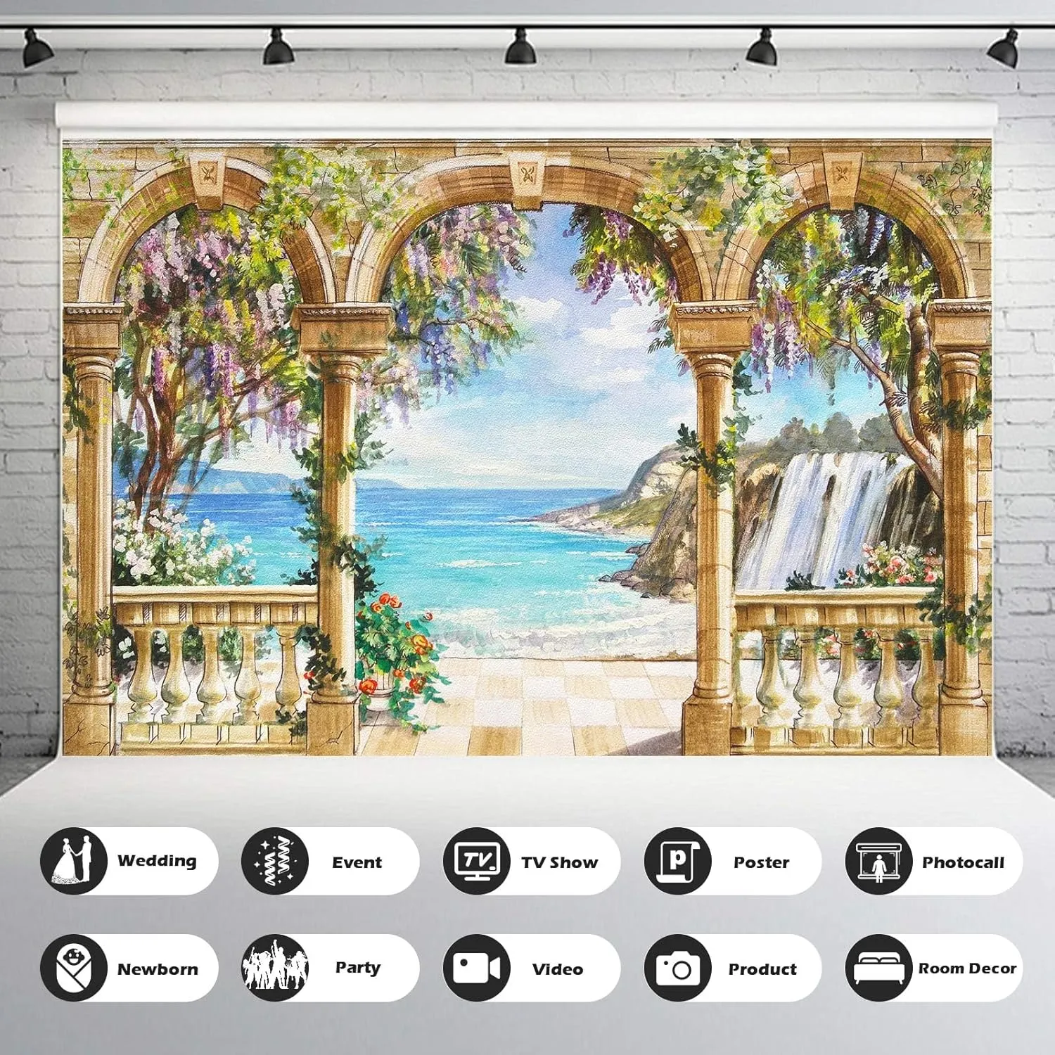 Sea Coast Backdrop Beautiful Balcony View Waterfall Photography Background Floral Mountain Village Seaside Scenery Backdrop Balcony View Blue Sky Tranquil Sea Birthday Background Decors 7x5ft