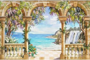 Sea Coast Backdrop Beautiful Balcony View Waterfall Photography Background Floral Mountain Village Seaside Scenery Backdrop Balcony View Blue Sky Tranquil Sea Birthday Background Decors 7x5ft