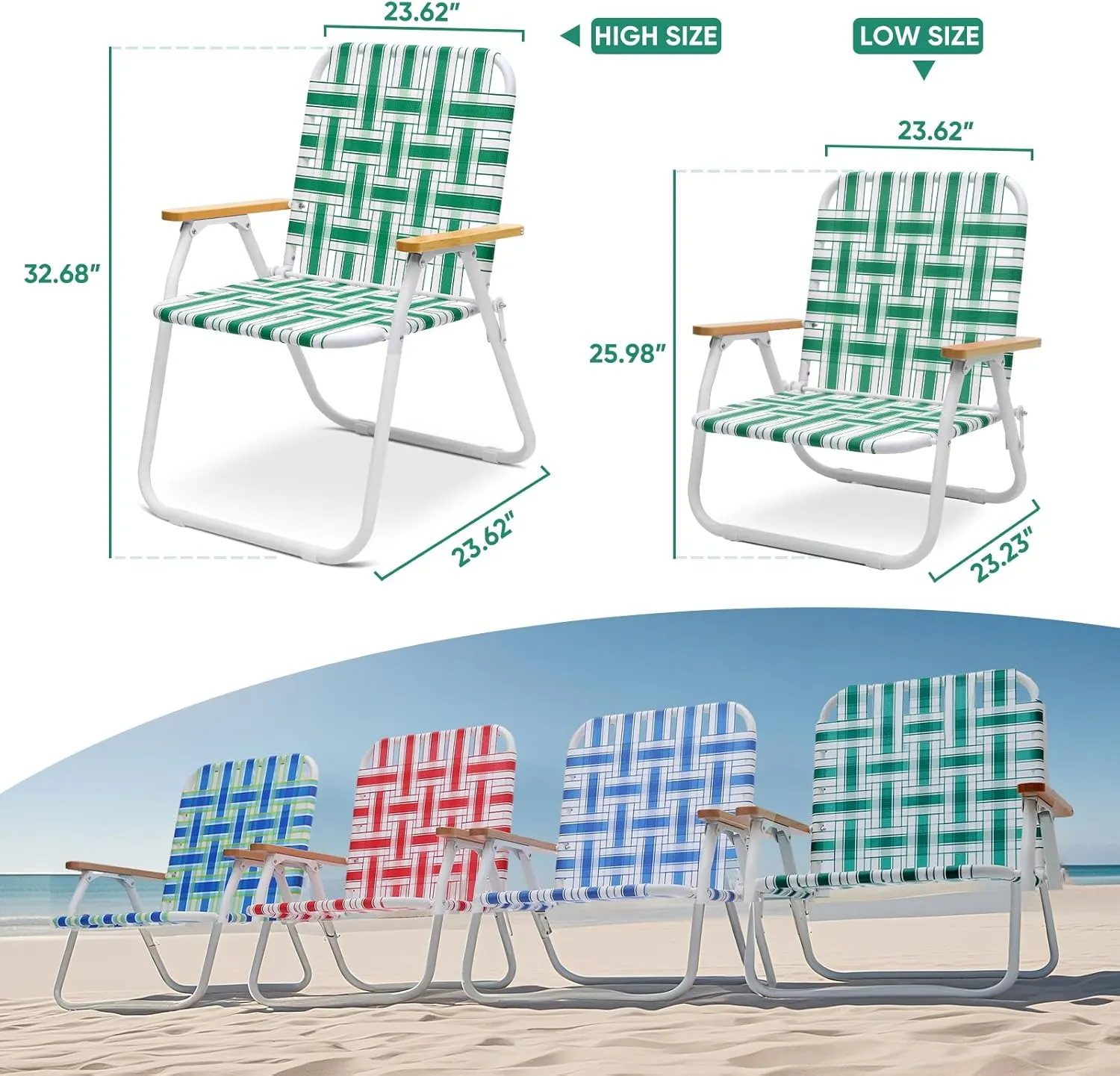 Sekey Folding Lawn Chairs, Beach Chairs for Adults with Highback, Camping Chairs with Webbed Airflow Mesh, Patio Chairs with Rust-Proof Coating, Webbed Lawn Chair for Outdoor, Fishing, Backyard, Green