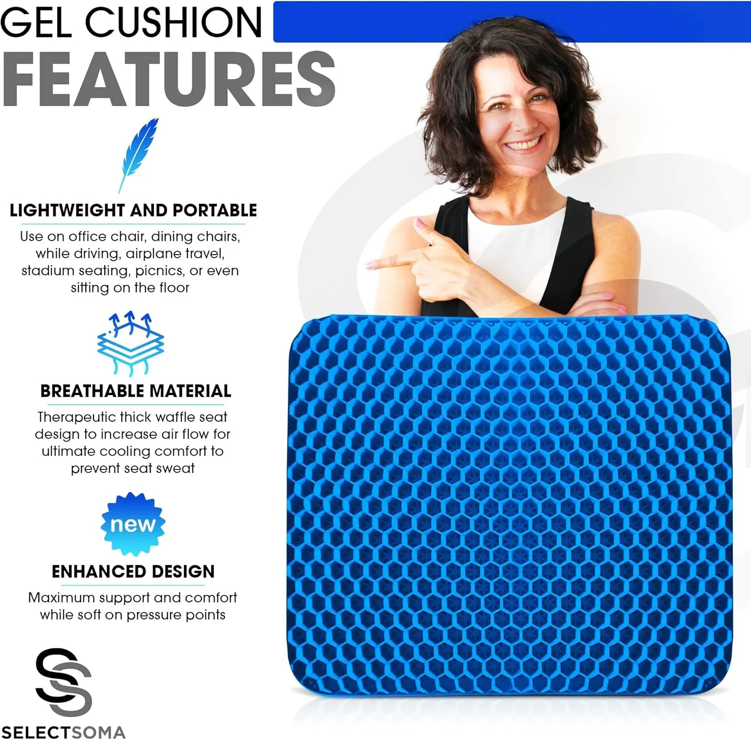 SelectSoma Gel Seat Cushion for Long Sitting Pressure Relief for Back, Sciatica, Coccyx, Tailbone Pain - Cushion for Office Chair, Wheelchair, Car & Truck, Patio Chairs - Egg Seat Pad