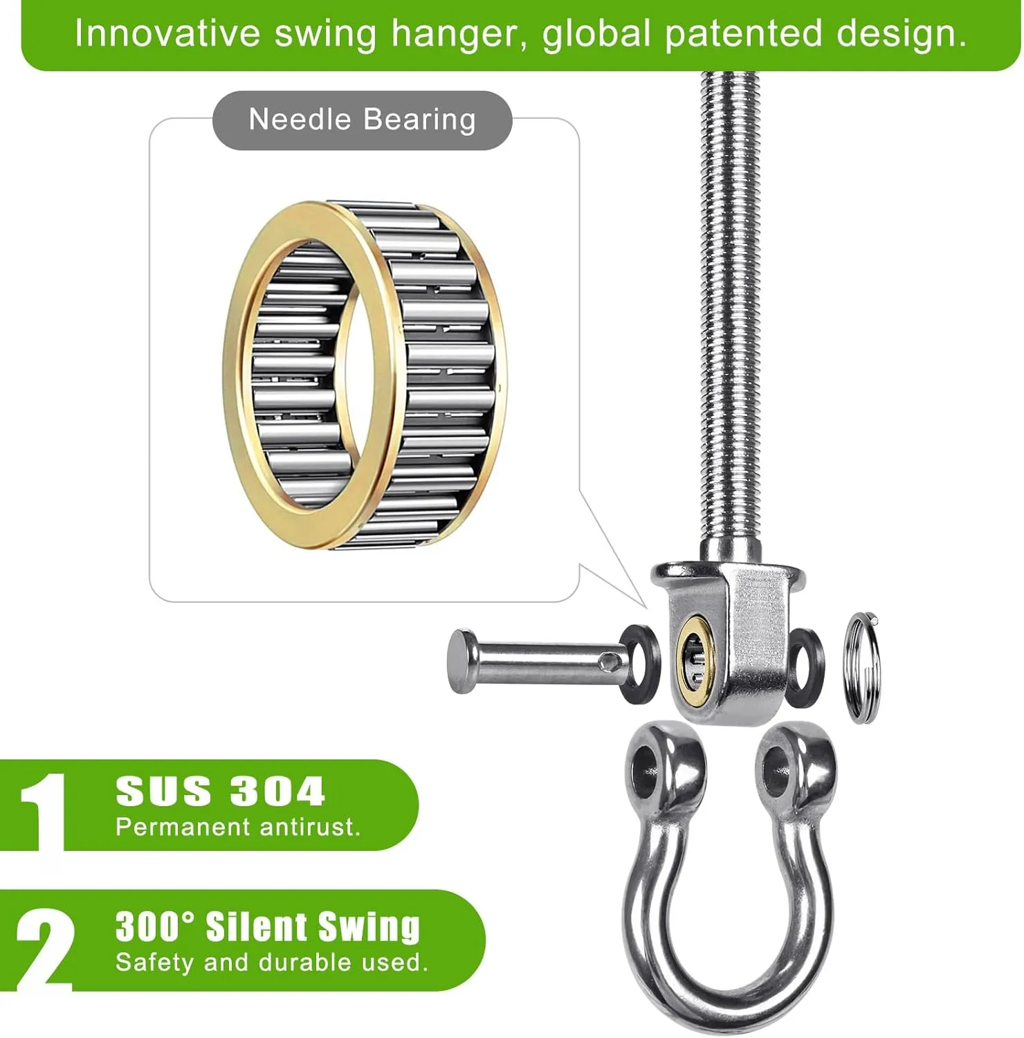 SELEWARE Heavy Duty Swing Hangers with Silent Bearings, 1500LB Capacity Stainless Steel Swing Hardware Kit (4 Pack), M10 x 9" Bolts for Wood/Steel Beams, Porch Swings, Yoga Hammocks, Gym Rings