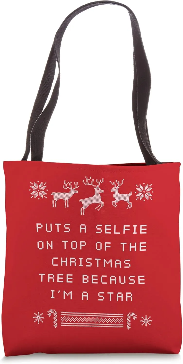 Selfie on Top of the Christmas Tree Funny Selfish Humor Tote Bag
