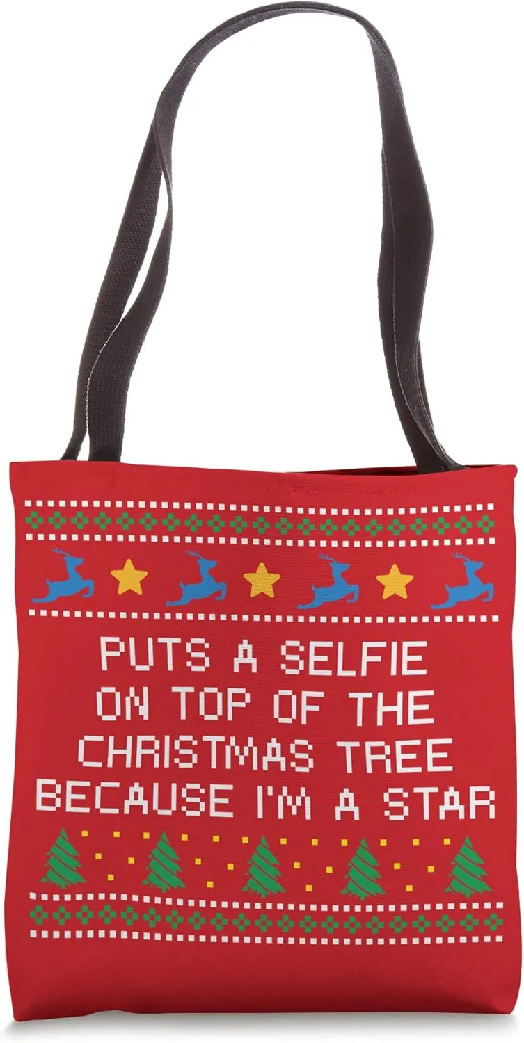 Selfie on Top of the Christmas Tree Funny Selfish Humor Tote Bag