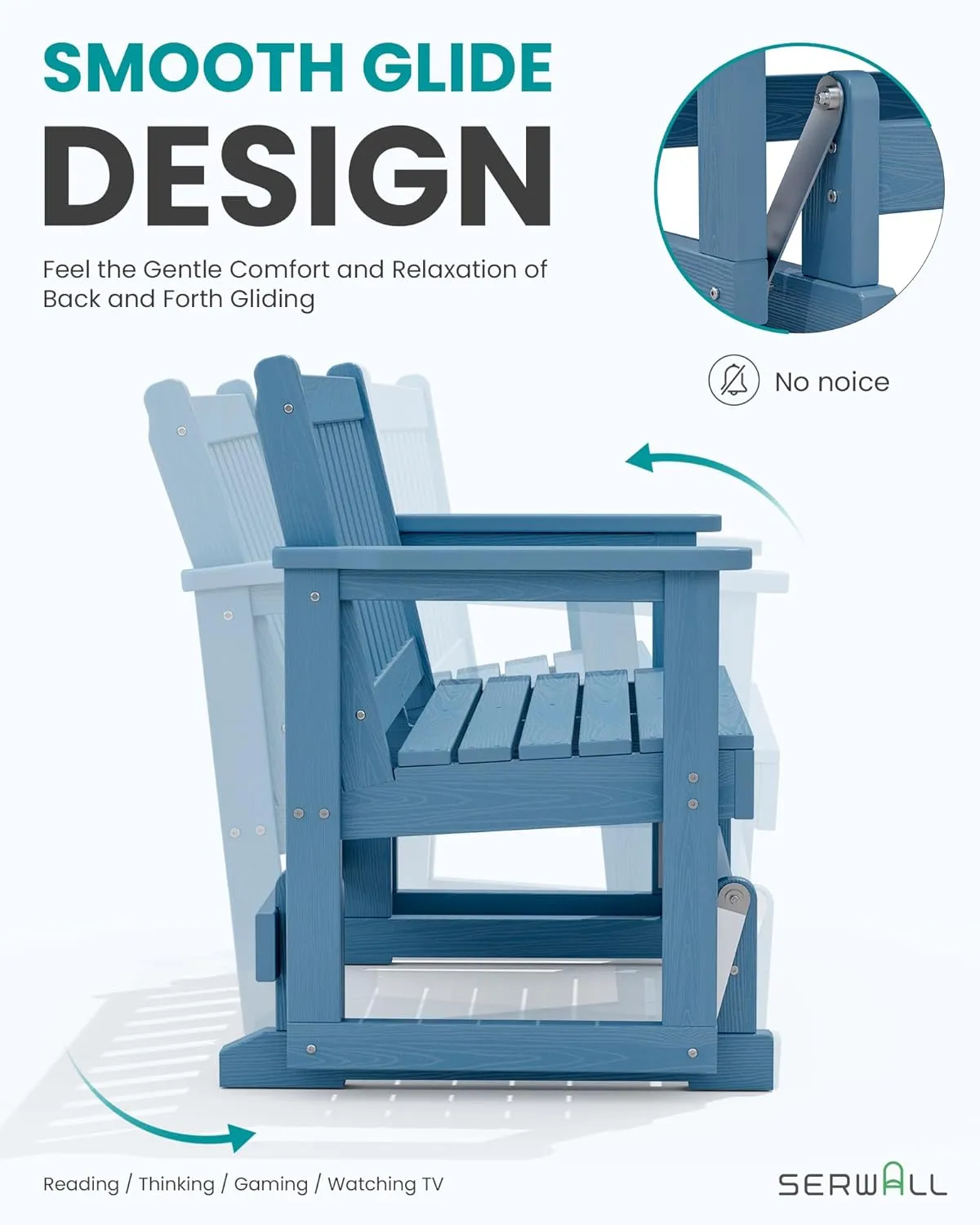 SERWALL 2 Person Patio Glider Rocking Chair, HDPE Material Weather-Resistant Swinging Bench for Outdoor Porch Garden, Navy