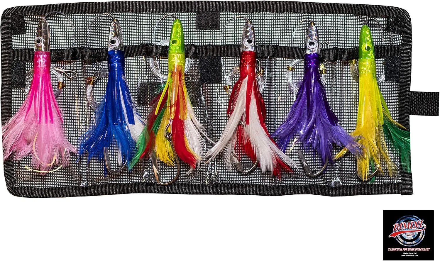 Set of 6 Tuna Flasher Lures, Rigged with 150 lb Leader and Ready to Go! with Black Mesh Bag