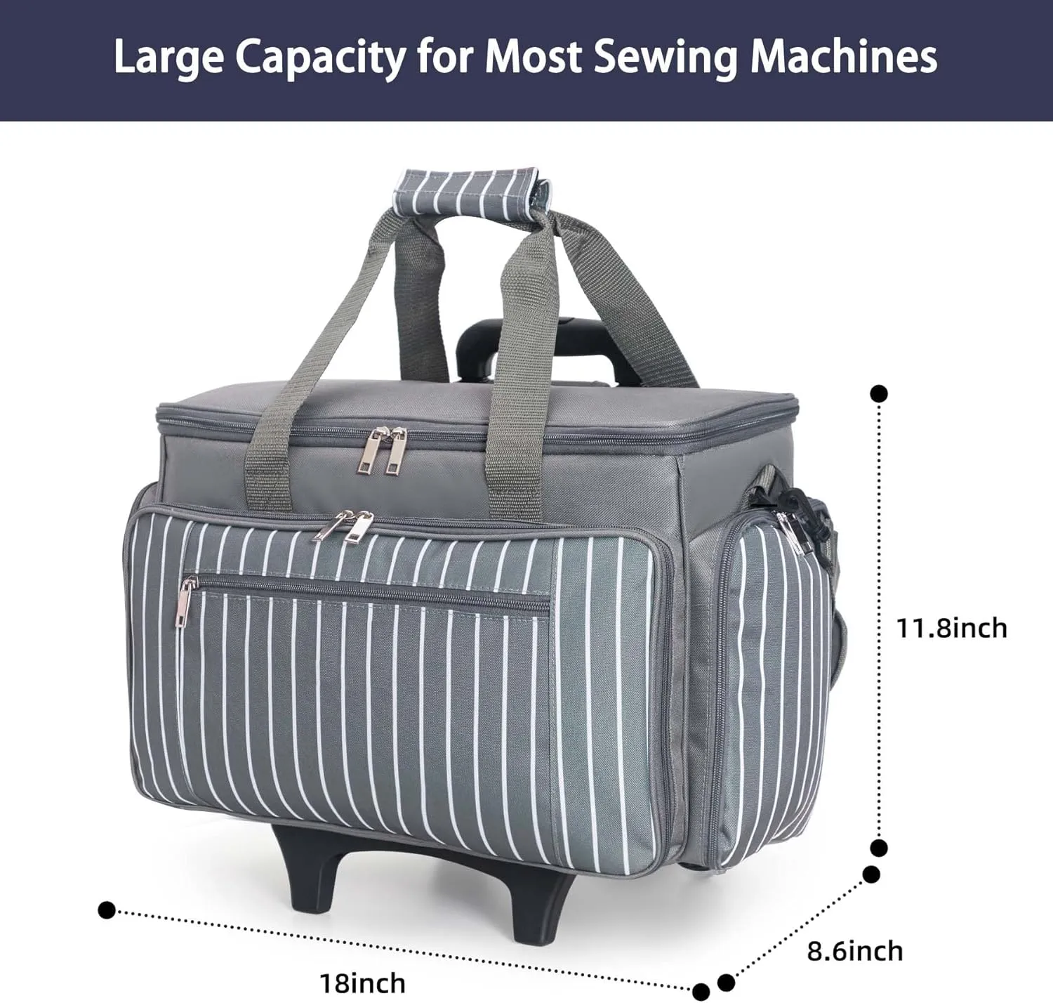 Sewing Machine Case with Wheels, Rolling Sewing Machine Carrying Case, Trolley Tote Bag Fits for Most Standard Sewing Machines Like SINGER, Brother and Janome, Grey