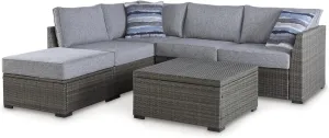 Signature Design by Ashley Petal Road Casual Weather Resistant Cushioned Outdoor Loveseat Sectional/Ottoman/Table Set with 2 Throw Pillows, Set of 4, Gray