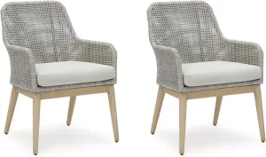 Signature Design by Ashley Seton Creek Cottage Weather Resistant Outdoor Dining Arm Chair with Cushion, Set of 2, Light Brown & Light Gray