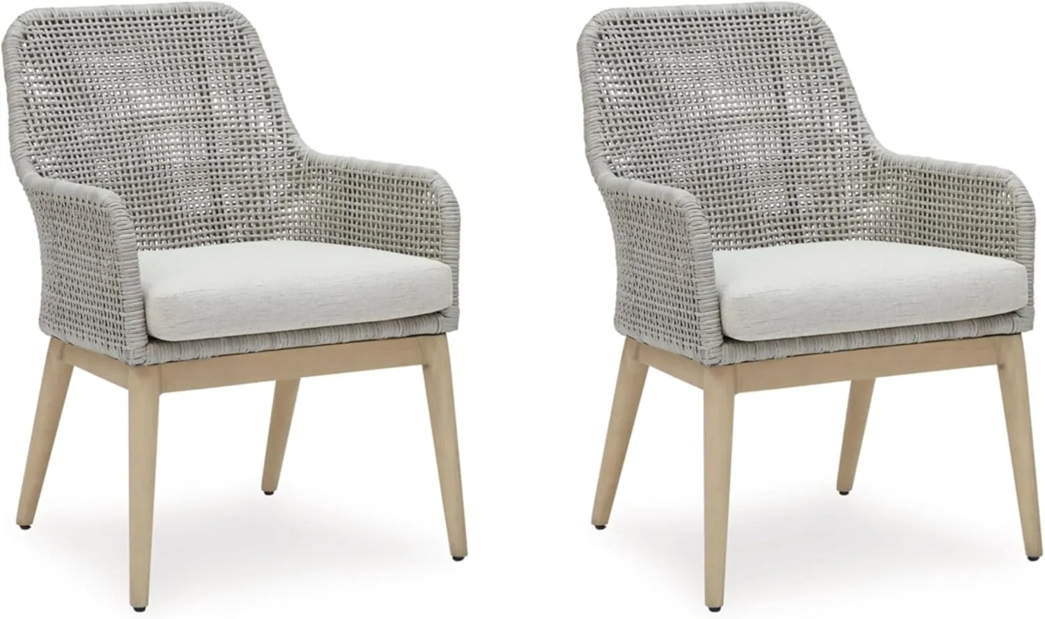 Signature Design by Ashley Seton Creek Cottage Weather Resistant Outdoor Dining Arm Chair with Cushion, Set of 2, Light Brown & Light Gray
