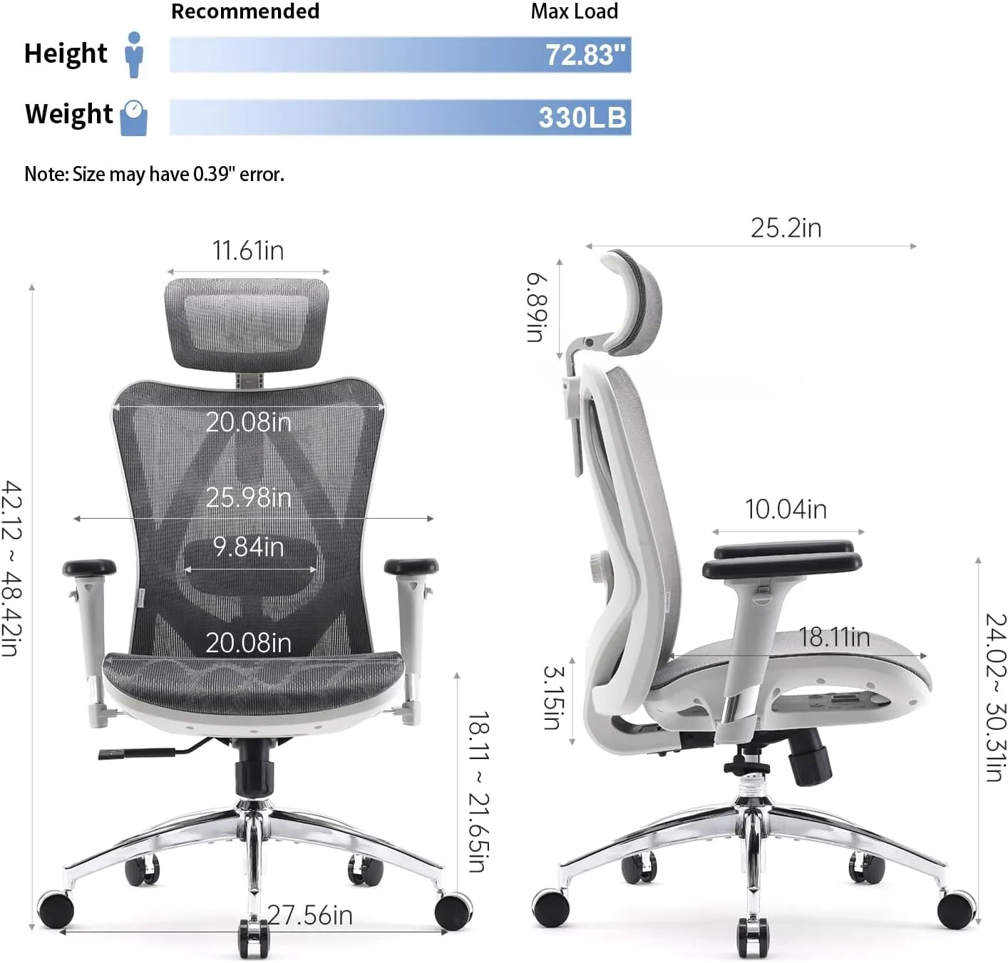 SIHOO M57 Ergonomic Office Chair with 3 Way Armrests Lumbar Support and Adjustable Headrest High Back Tilt Function Light Grey, M57-M114