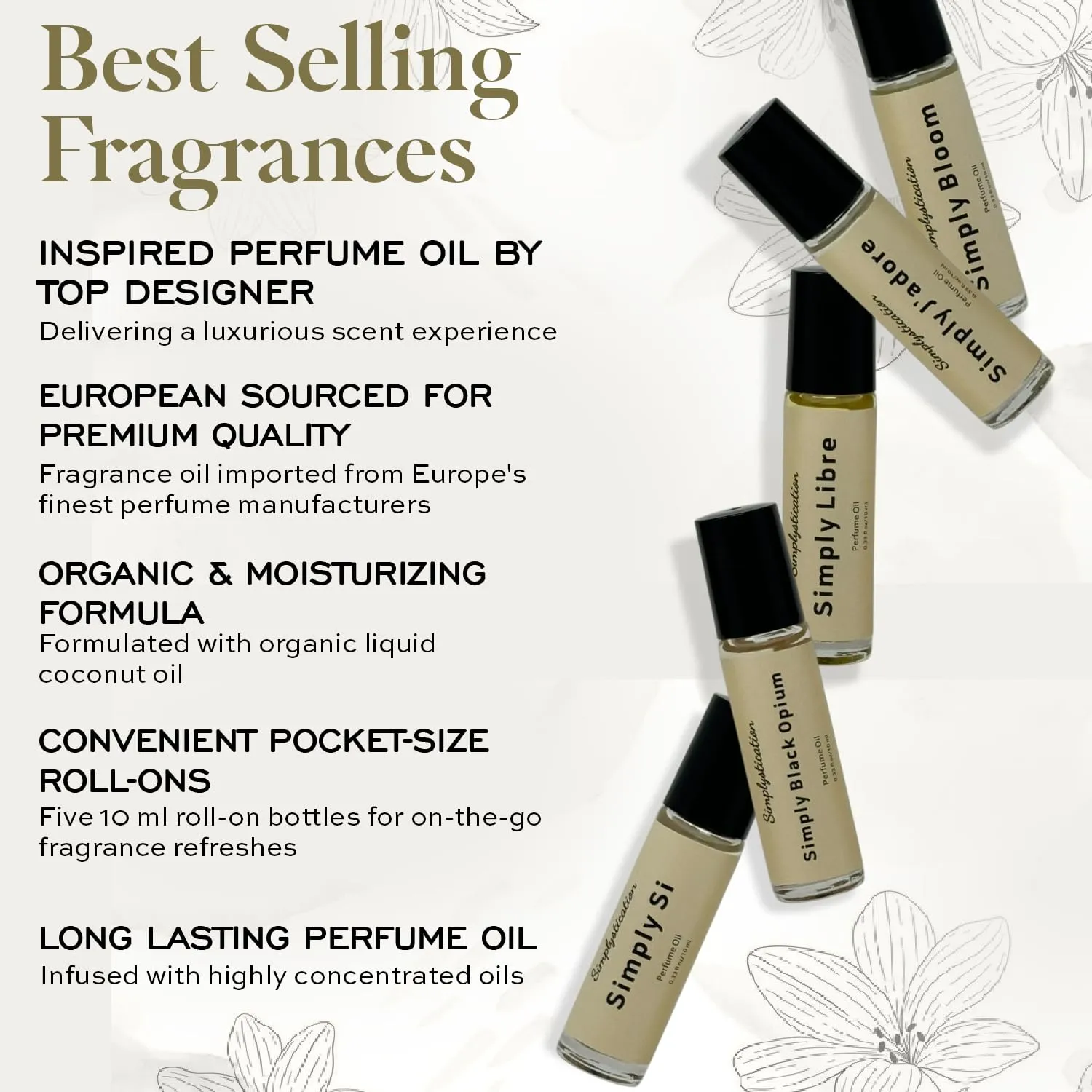 Simply Set Perfume Oil Roll-On – Inspired by Bloom, Si, J’Adore, Libre & Black Opium – Long-Lasting, Alcohol-Free, European-Sourced Fragrance Oils, 10ml x 5 Travel Size Pack