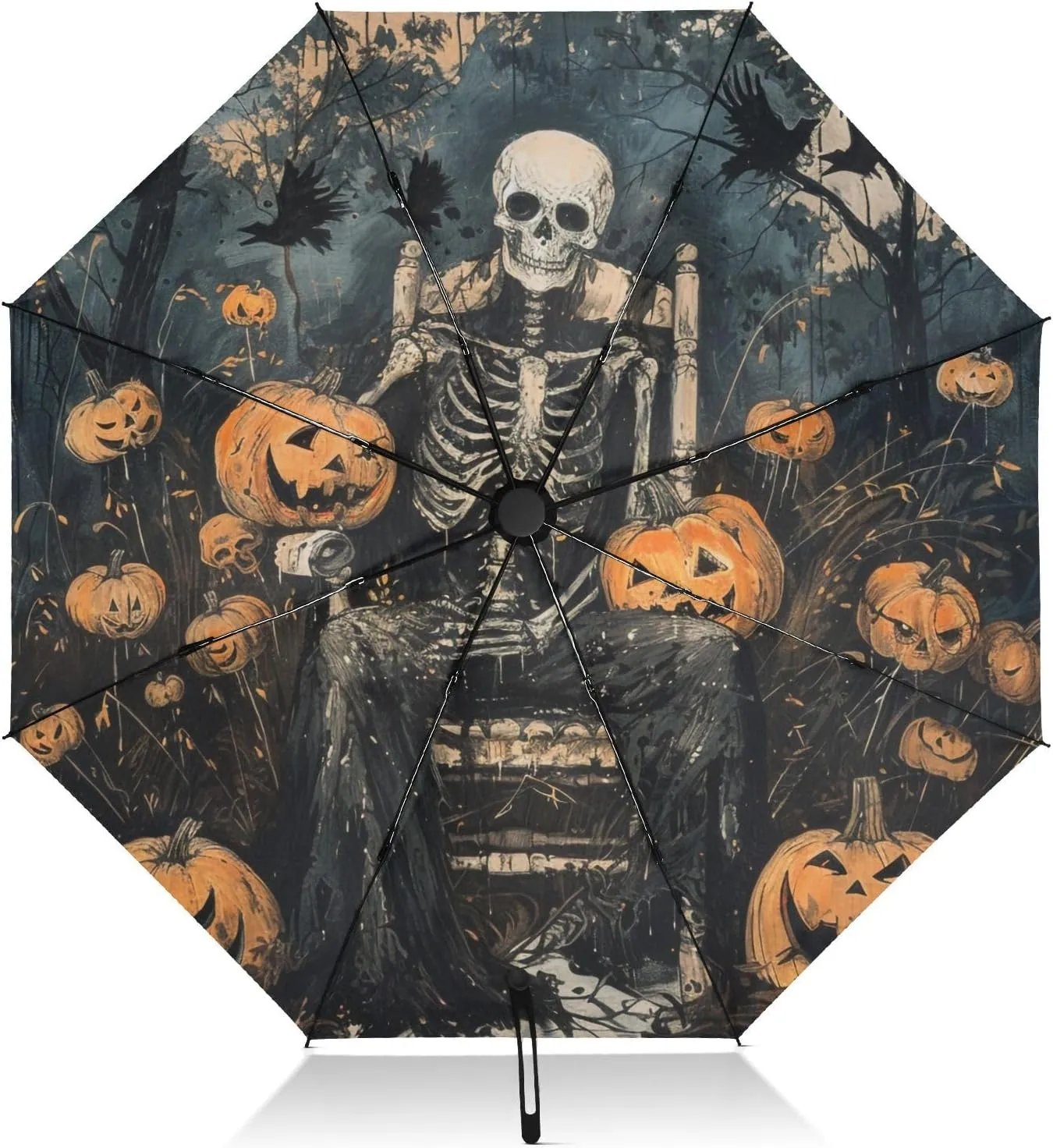 Skeleton Chair Halloween Pumpkins UV Protection Travel Umbrella Compact for Rain and Sun - Auto Open and Close UPF 50  Windproof Portable 46” Sun Umbrella for Women and Men