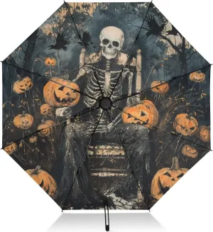 Skeleton Chair Halloween Pumpkins UV Protection Travel Umbrella Compact for Rain and Sun - Auto Open and Close UPF 50  Windproof Portable 46” Sun Umbrella for Women and Men