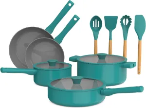 So Yummy by bella 12 Piece Cookware Set w EverGood™ Ceramic Nonstick Coating​ and Silicone & Wood Utensils, Dishwasher Safe Silicone & Glass Lids, Oven Safe & All Stovetop Compatible, Moonstruck