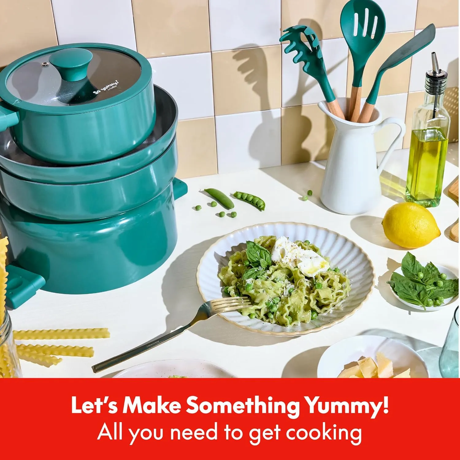 So Yummy by bella 12 Piece Cookware Set w EverGood™ Ceramic Nonstick Coating​ and Silicone & Wood Utensils, Dishwasher Safe Silicone & Glass Lids, Oven Safe & All Stovetop Compatible, Moonstruck