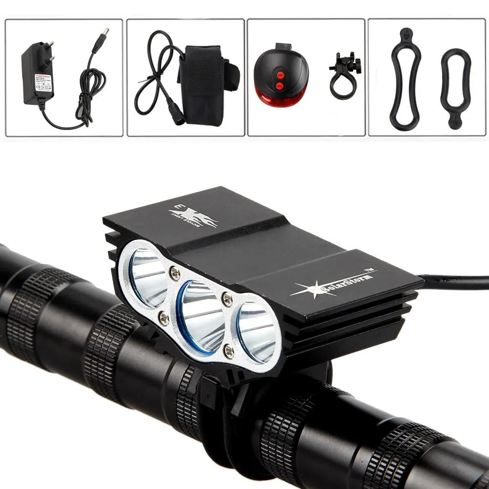 Solar Storm X3 Cycling Headlight 7000Lumen 3*XM-L T6 LED Bicycle Bike Light Rechargeable Power Bank 18650 Battery&Rear Taillight