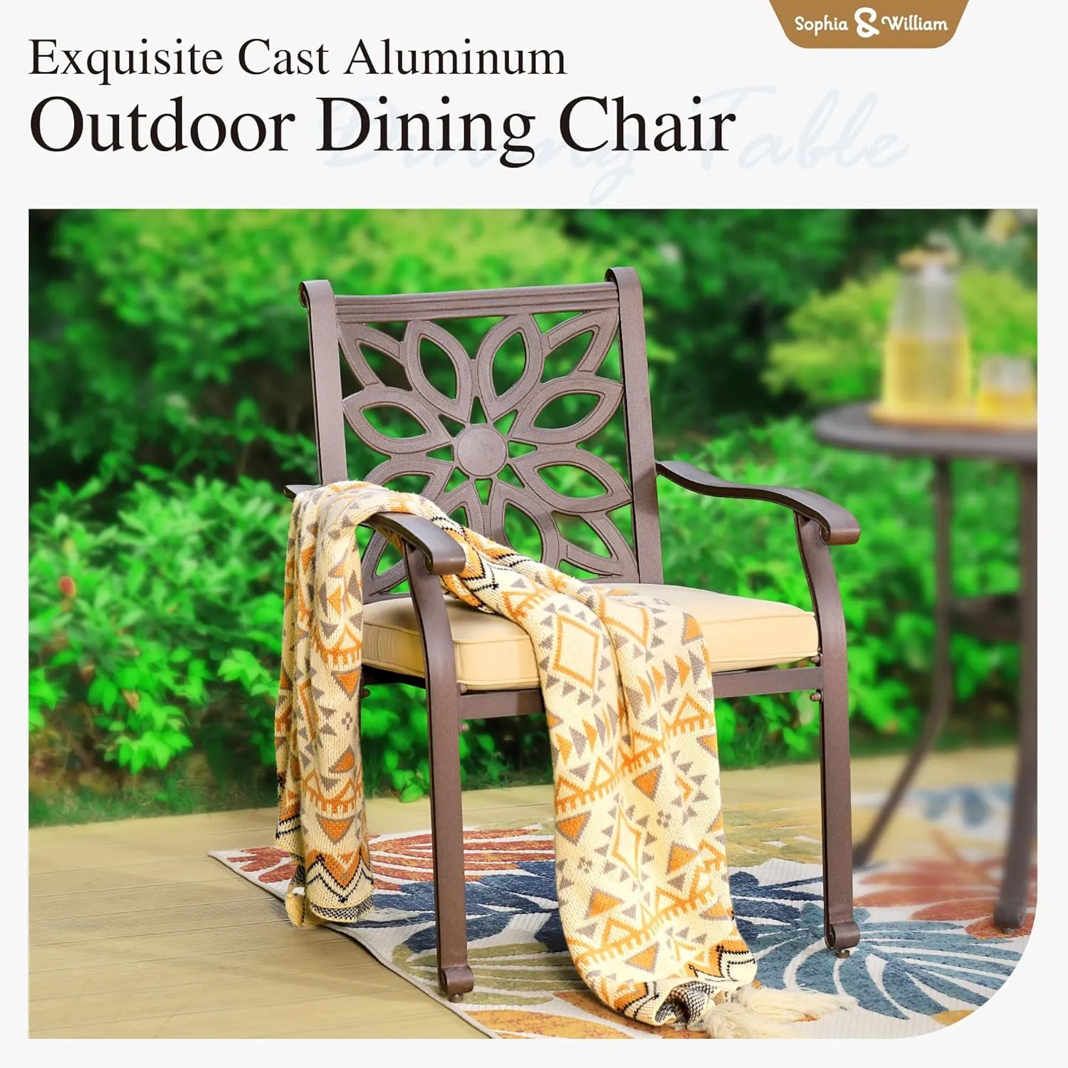 Sophia & William 2 Pieces Cast Aluminium Patio Dining Chairs Bronze with Cushions, Oversize Powder-Coating Outdoor Armchairs for Porch Yard Deck Balcony, Load Capacity Up to 350 lbs