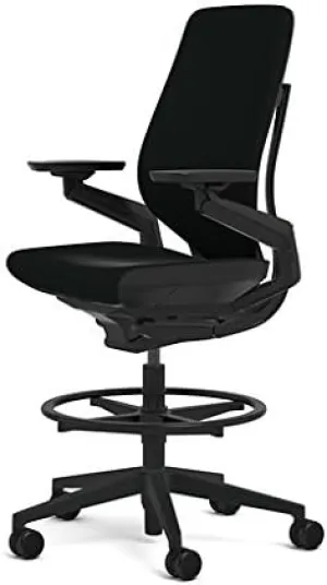 Steelcase Gesture 442 Stool Chair - Black Steelcase Leather, Shell Back, Dark on Dark Frame, Polished Aluminum Base