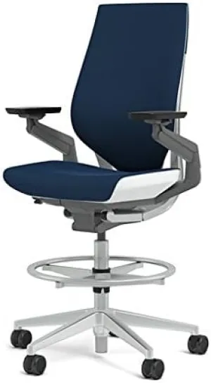 Steelcase Gesture 442 Stool Chair - Cogent: Connect Blueprint Fabric, Wrapped Back, Light on Dark Frame, Polished Aluminum Base, Wheels for Hard Flooring