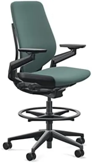 Steelcase Gesture 442 Stool Chair - Cogent: Connect Peacock Fabric, Shell Back, Light on Light Frame, Polished Aluminum Base, Wheels for Hard Flooring