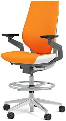Steelcase Gesture 442 Stool Chair - Cogent: Connect Tangerine Fabric, Wrapped Back, Light on Light Frame, Polished Aluminum Base, Wheels for Hard Flooring