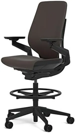 Steelcase Gesture 442 Stool Chair - Espresso Elmosoft Leather, Shell Back, Dark on Dark Frame, Polished Aluminum Base