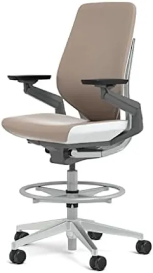 Steelcase Gesture 442 Stool Chair - Mica Elmosoft Leather, Shell Back, Light on Dark Frame, Polished Aluminum Base, Wheels for Hard Flooring