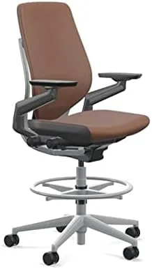 Steelcase Gesture 442 Stool Chair - Saddle Elmosoft Leather, Shell Back, Light on Light Frame, Polished Aluminum Base