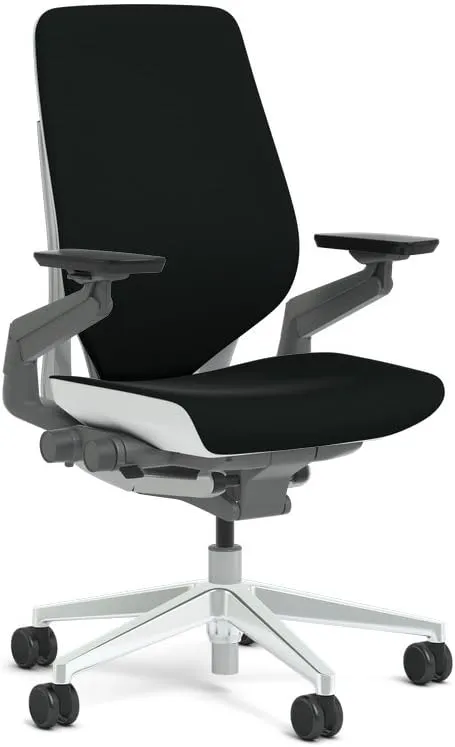 Steelcase Gesture Task Chair: Shell Back - Platinum Metallic Frame with Polished Aluminum Base - Adjustable Lumbar Support - Glides (Licorice)