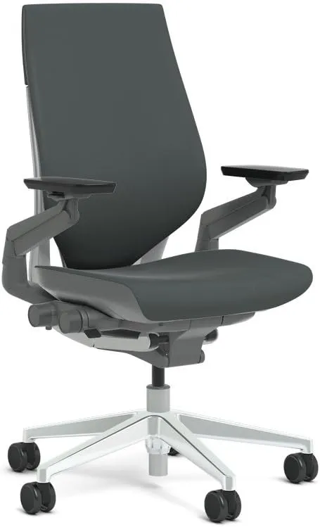 Steelcase Gesture Task Chair: Wrapped Back - Platinum Metallic Frame/Polished Aluminum Base/Merle Accent - Roll Control Hard Floor Casters
