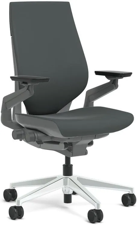 Steelcase Gesture Task Chair: Wrapped Back - Sterling Dark Solid Frame/Polished Aluminum Base/Merle Accent - Adjustable Lumbar Support - Roll Control Hard Floor Casters