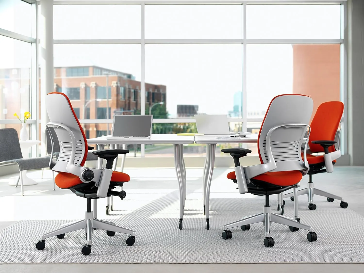 Steelcase Leap Task Chair: Polished Aluminum Base - Armless - Headrest - Wheels for Hard Flooring