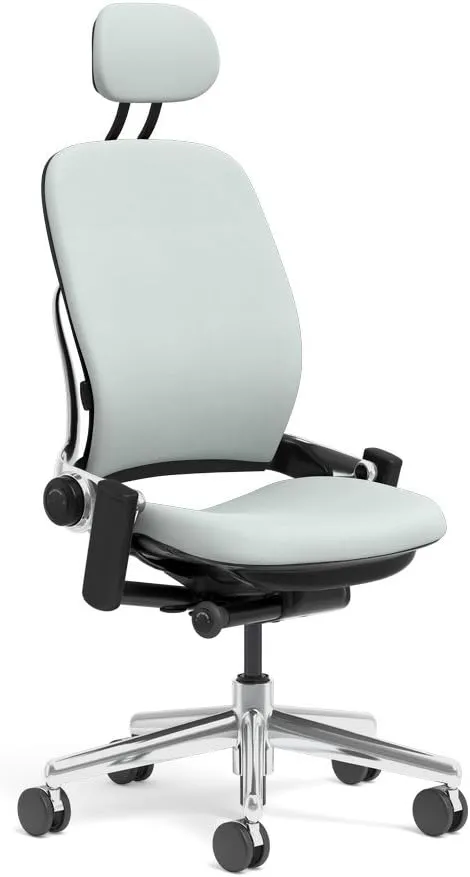 Steelcase Leap Task Chair: Polished Aluminum Base - Armless - Headrest - Wheels for Hard Flooring