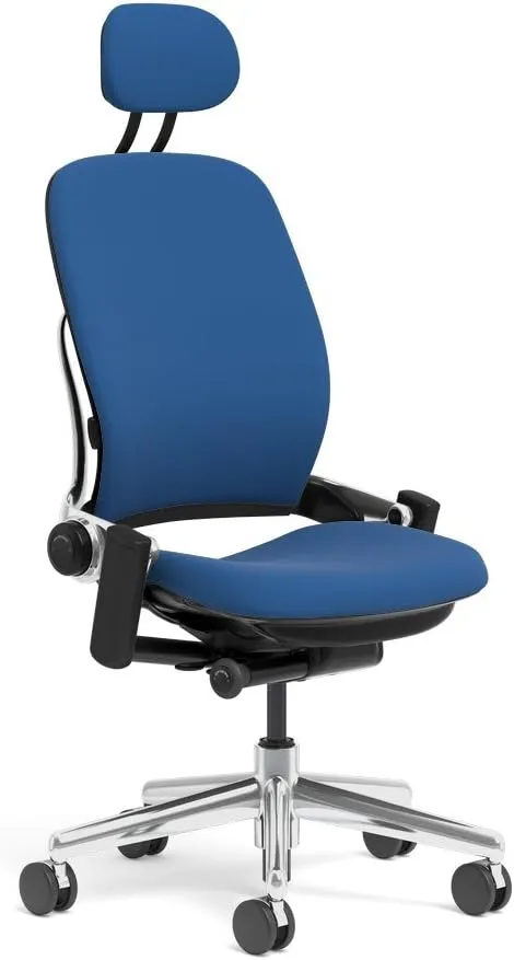 Steelcase Leap Task Chair: Polished Aluminum Base - Armless - Headrest - Wheels for Hard Flooring