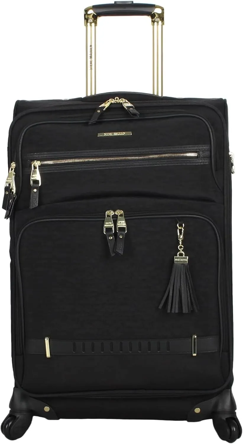 Steve Madden Designer Luggage Collection - Lightweight 24 Inch Expandable Softside Suitcase - Mid-size Rolling 4-Spinner Wheels Checked Bag (Black, 24in)
