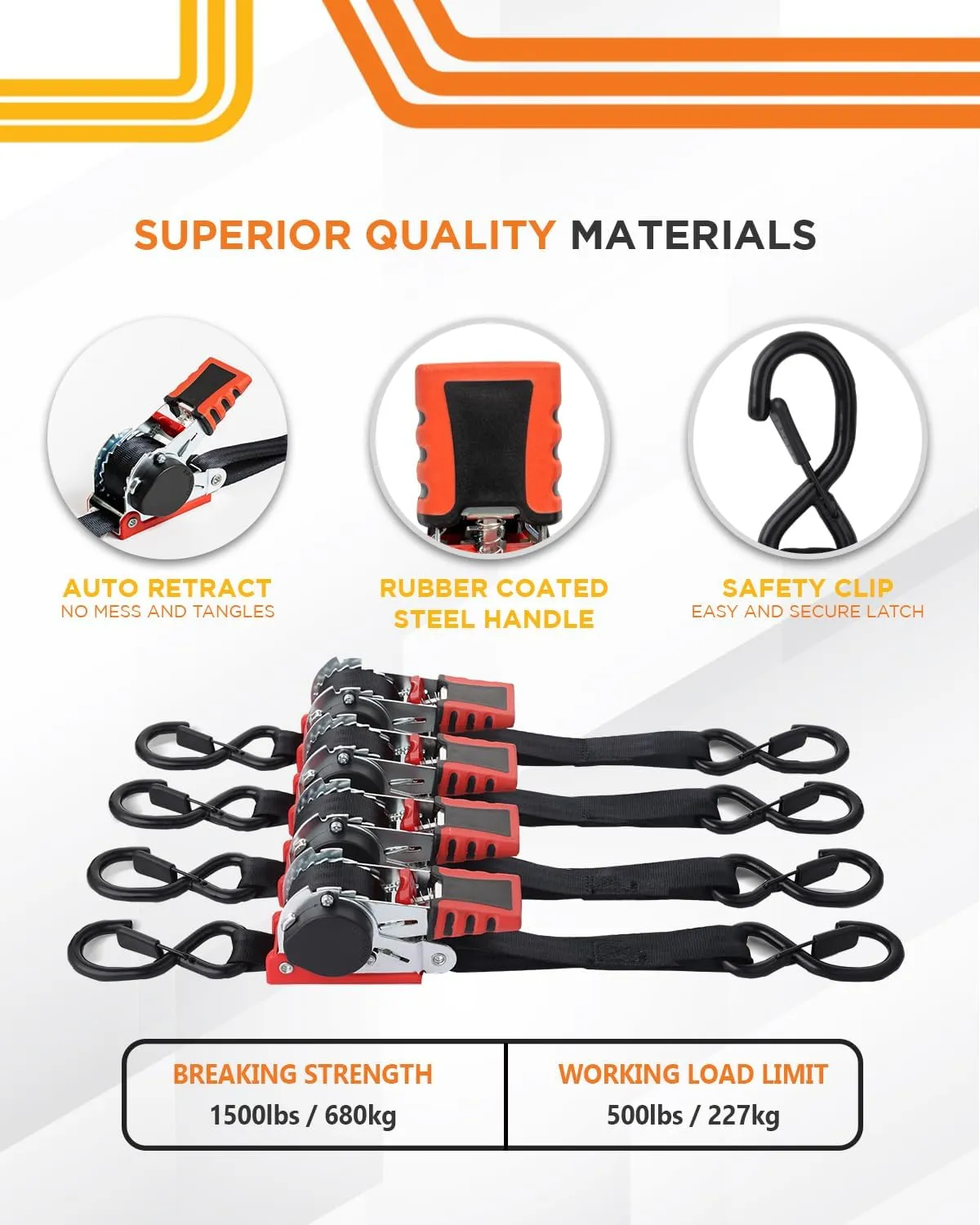 Strapinno Retractable Ratchet Straps 1 in x 10 ft, Secure Tie-Downs with Rubber-Coated Steel Handles, for Motorcycle, Jetski, Kayak, Breaking Strength 1,500LBS/680KG
