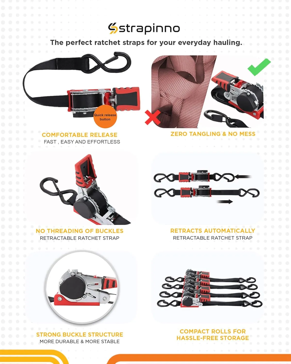 Strapinno Retractable Ratchet Straps 1 in x 10 ft, Secure Tie-Downs with Rubber-Coated Steel Handles, for Motorcycle, Jetski, Kayak, Breaking Strength 1,500LBS/680KG
