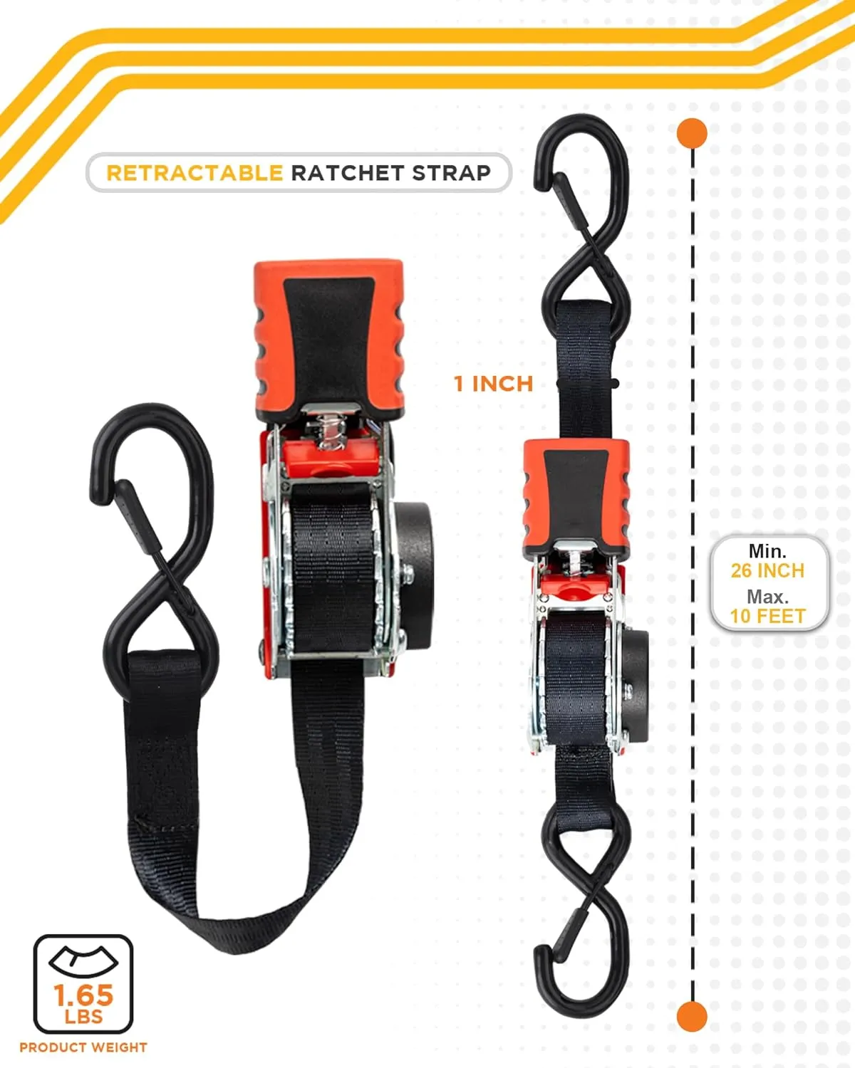 Strapinno Retractable Ratchet Straps 1 in x 10 ft, Secure Tie-Downs with Rubber-Coated Steel Handles, for Motorcycle, Jetski, Kayak, Breaking Strength 1,500LBS/680KG