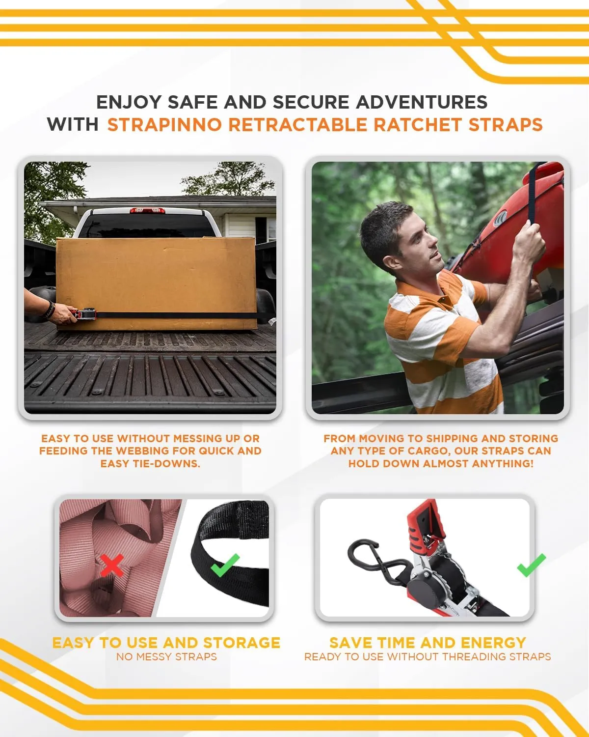 Strapinno Retractable Ratchet Straps 1 in x 10 ft, Secure Tie-Downs with Rubber-Coated Steel Handles, for Motorcycle, Jetski, Kayak, Breaking Strength 1,500LBS/680KG