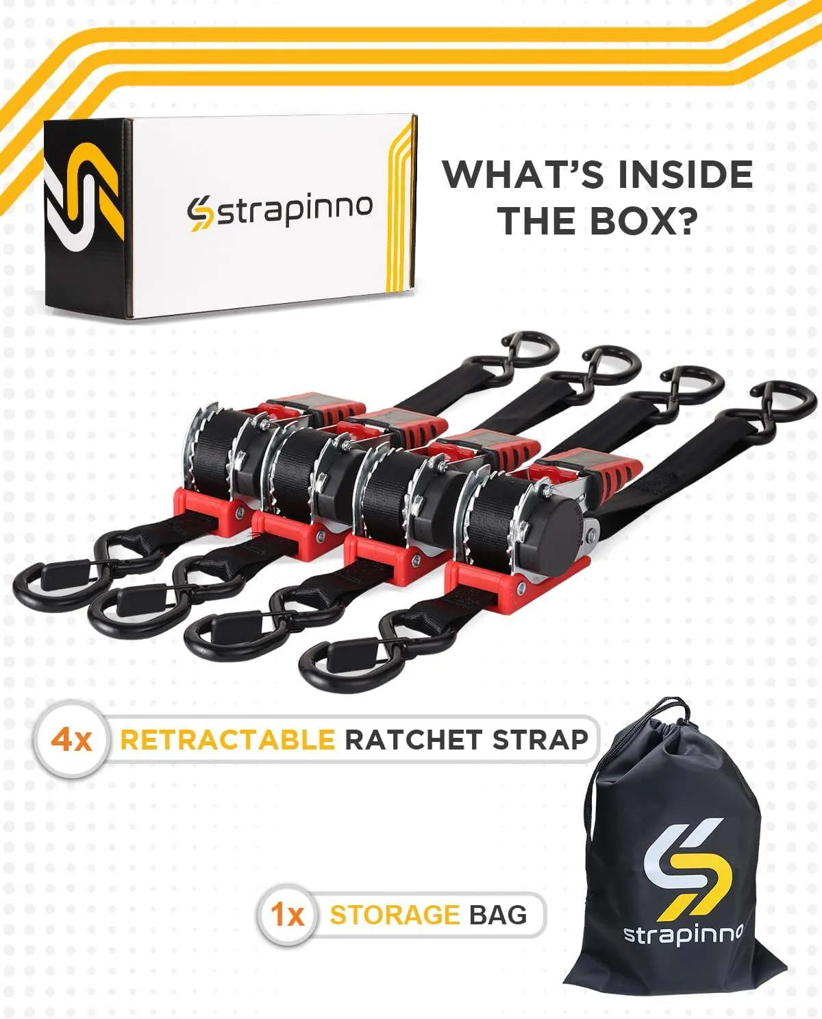 Strapinno Retractable Ratchet Straps 1 in x 10 ft, Secure Tie-Downs with Rubber-Coated Steel Handles, for Motorcycle, Jetski, Kayak, Breaking Strength 1,500LBS/680KG