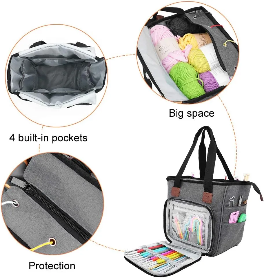 SumDirect Yarn Bag, Knitting Organizer Tote Bag Portable Storage Bag for Yarns, Carrying Projects, Knitting Needles, Crochet Hooks, Manuals and Other Accessories (Gray)